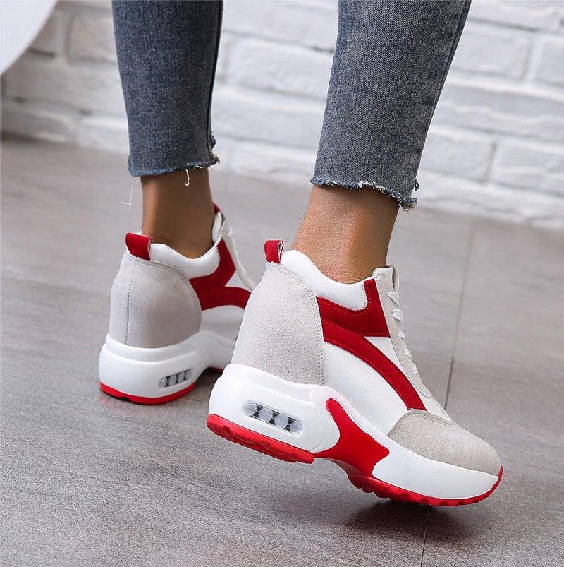 Red and black Stevvex women's high heel sneakers with air cushion, lace-up platform design, casual athletic leather trainers.