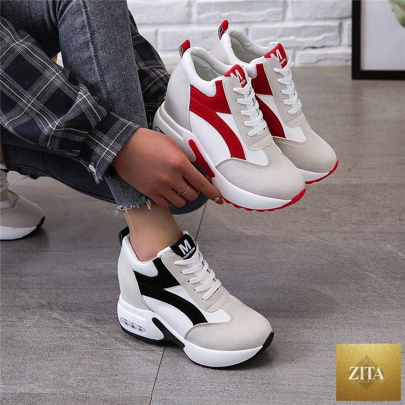 Red and black high heel women's sneakers with air cushion, lace-up platform design, leather trainers for casual and athletic wear.