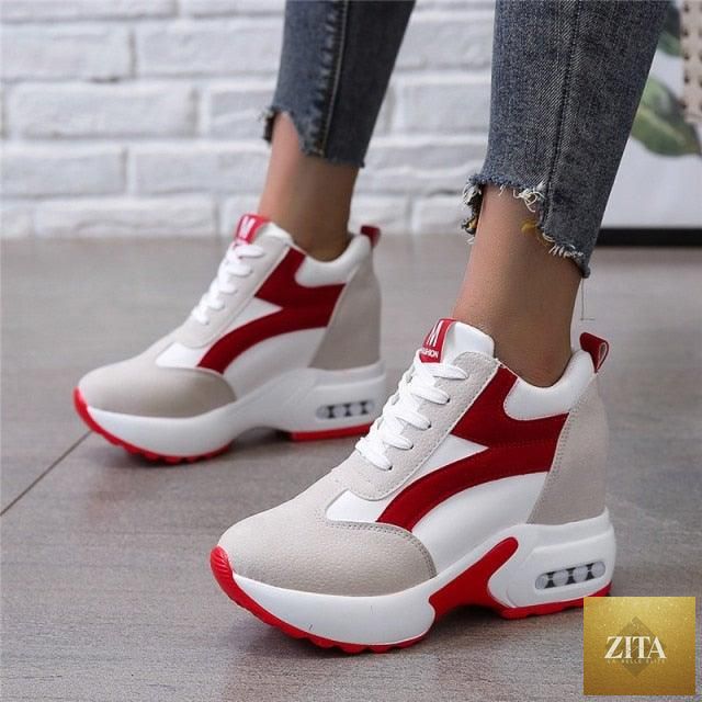 Red and black high heel women's sneakers with air cushion, lace-up platform, leather trainers, suitable for casual, athletic, and walking use.