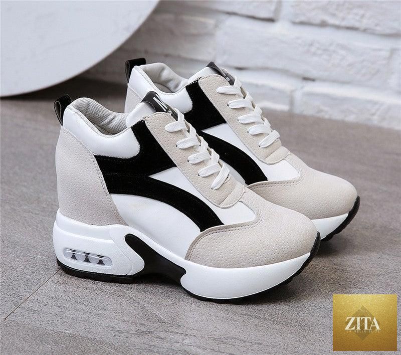 Red and black women's sneakers by 12timbers featuring high heels, air cushion sole, lace-up design, and leather platform for casual and athletic wear.