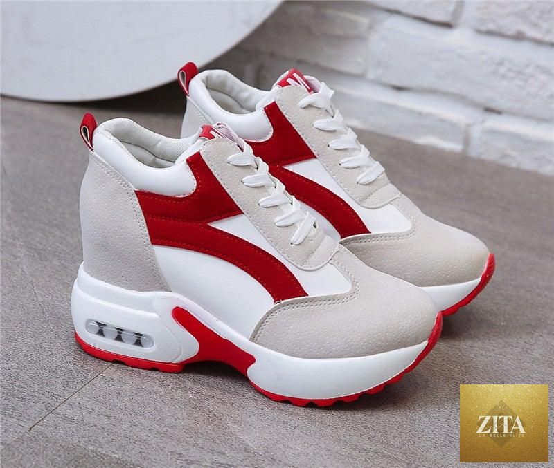Red and black high heel women's sneakers by 12timbers with air cushion, lace-up platform, leather design, suitable for casual and athletic wear.