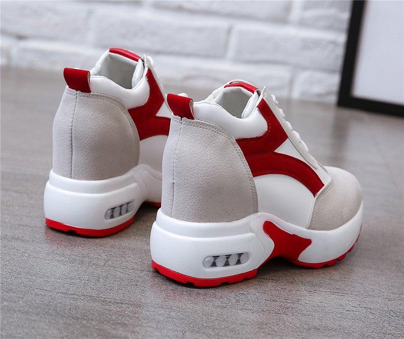 Red and black Stevvex women's high heel sneakers with air cushion, lace-up leather trainers, suitable for casual, athletic, and walking wear.