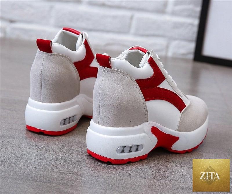 Red and black high-heel women's sneakers with air cushion sole, lace-up design, leather construction, suitable for casual, athletic, and walking.