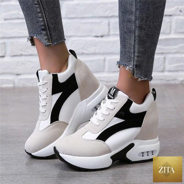 Red and black women's sneakers with high heels, air cushion sole, lace-up platform, leather trainers, casual and athletic style by 12timbers.