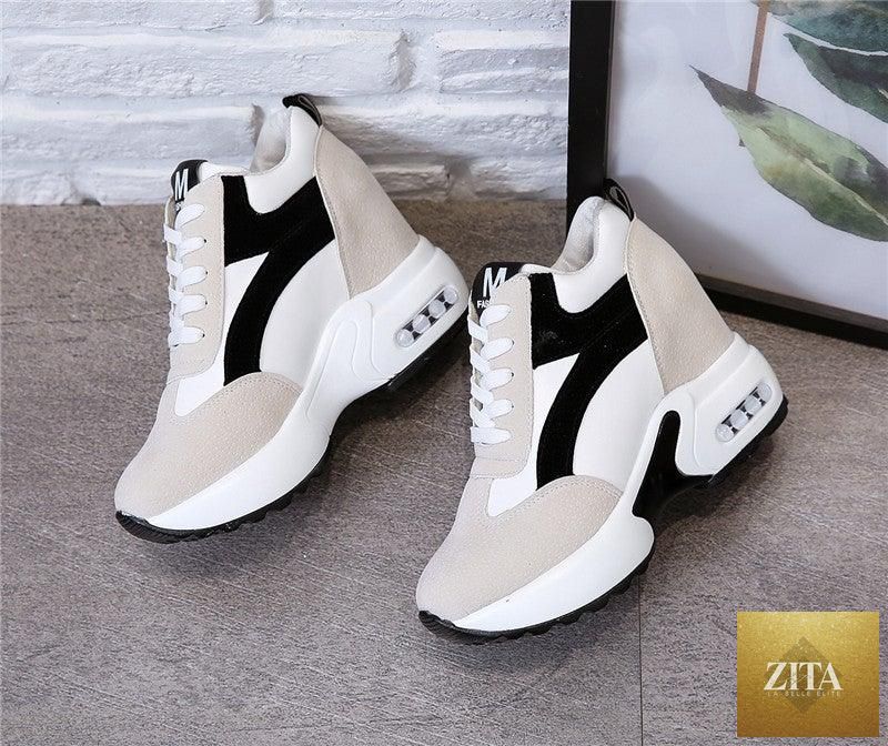 Red and black high heel women's sneakers by 12timbers with air cushion, lace-up platform, leather trainers, casual athletic shoes.
