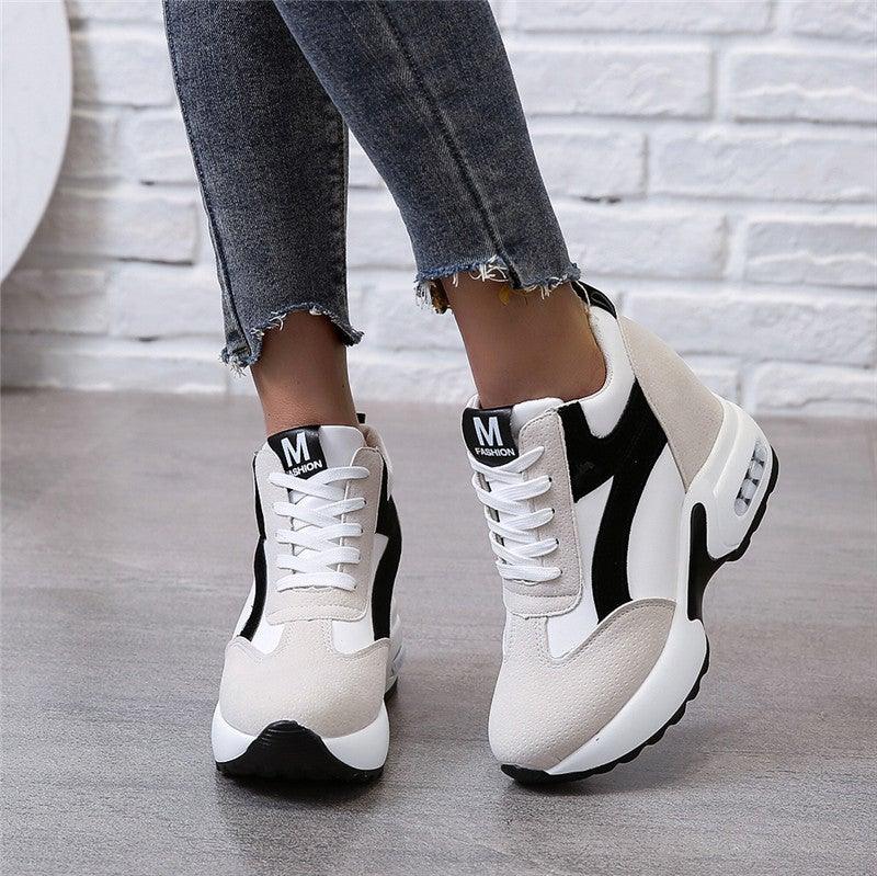 Stevvex women's high heel sneakers in red and black with air cushion, lace-up platform leather trainers for casual and athletic wear.