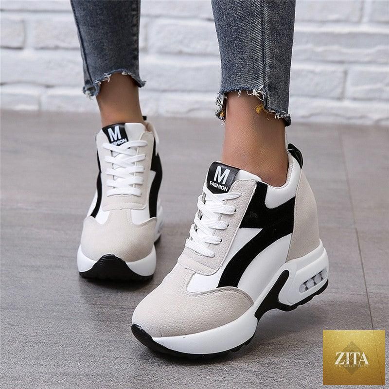 Red and black high heel women's sneakers with air cushion, lace-up platform, leather trainers, casual and athletic style by 12timbers.
