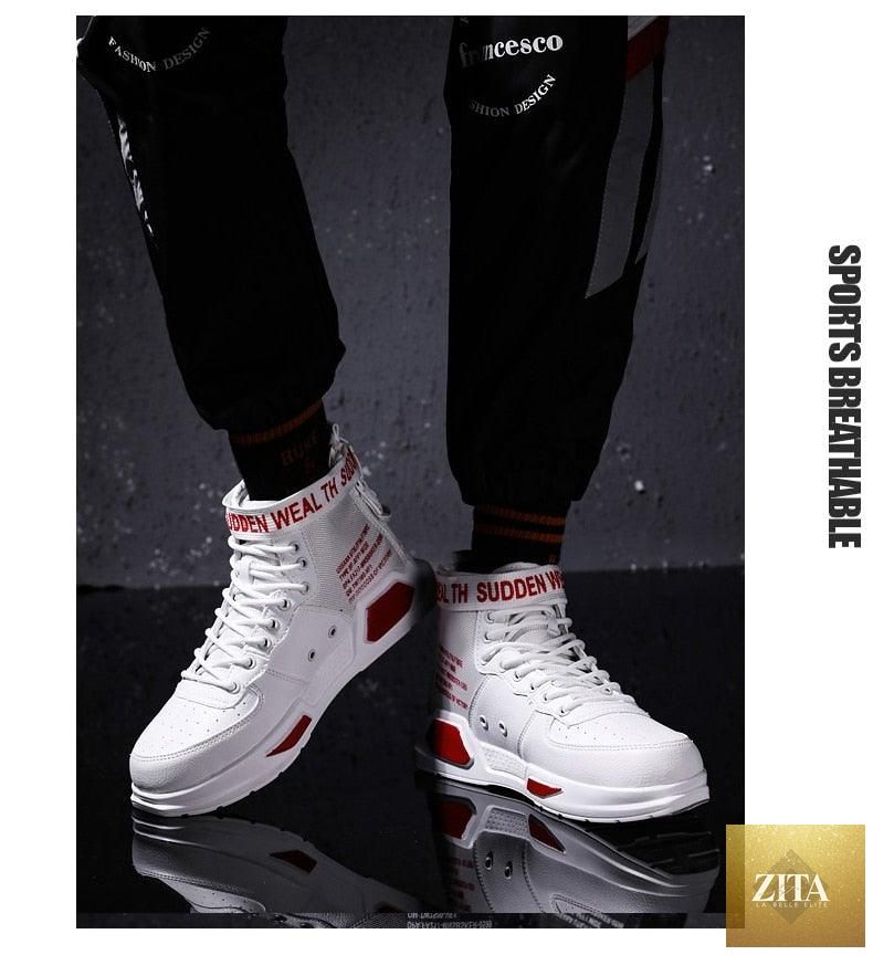 Stevvex high-top red sneakers for men, breathable lightweight basketball and running shoes with a trendy hip-hop style.