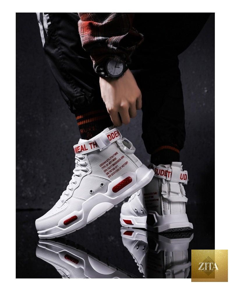 Stevvex high-top red sneakers for men, breathable lightweight basketball shoes, hip hop, casual, and running footwear with stylish design.