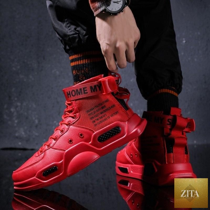 Stevvex high-top red sneakers for men, breathable lightweight sport shoes with trendy design for hip hop, casual, and running.