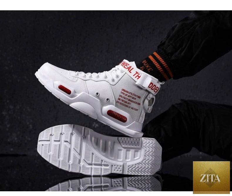 Stevvex high-top red sneakers for men, breathable lightweight basketball shoes with a trendy hip-hop style and sporty design.