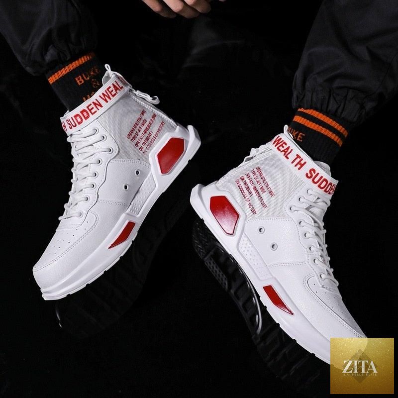 Stevvex men's high-top red sneakers with breathable lightweight design, suitable for hip hop, basketball, running, and casual wear.