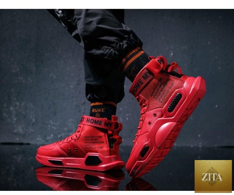 Stevvex high-top red sneakers for men, breathable lightweight basketball shoes with a trendy hip-hop style and sporty design.