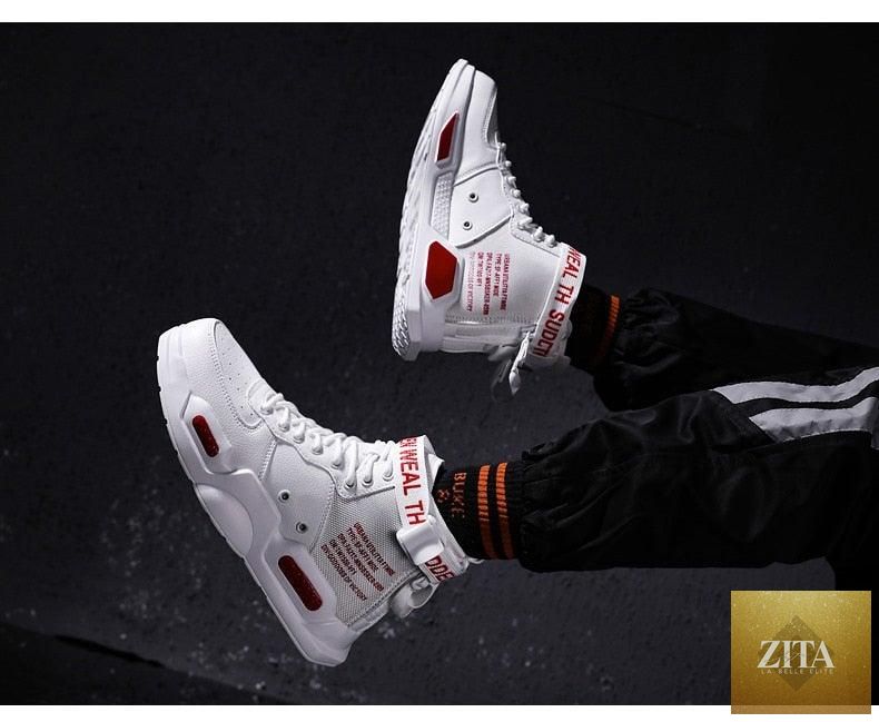 Stevvex high-top red sneakers for men featuring a trendy hip-hop design, breathable lightweight construction, suitable for sports and casual wear.