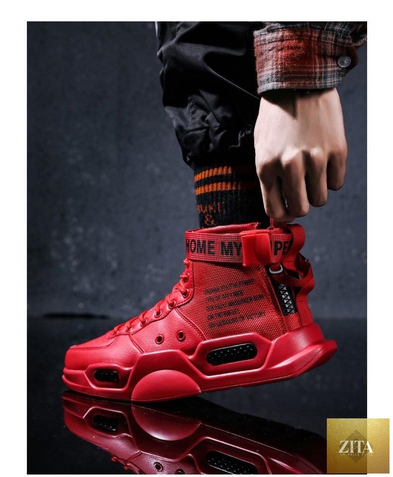 Stevvex high-top red sneakers for men, breathable lightweight basketball shoes with a trendy hip-hop style and sporty design.