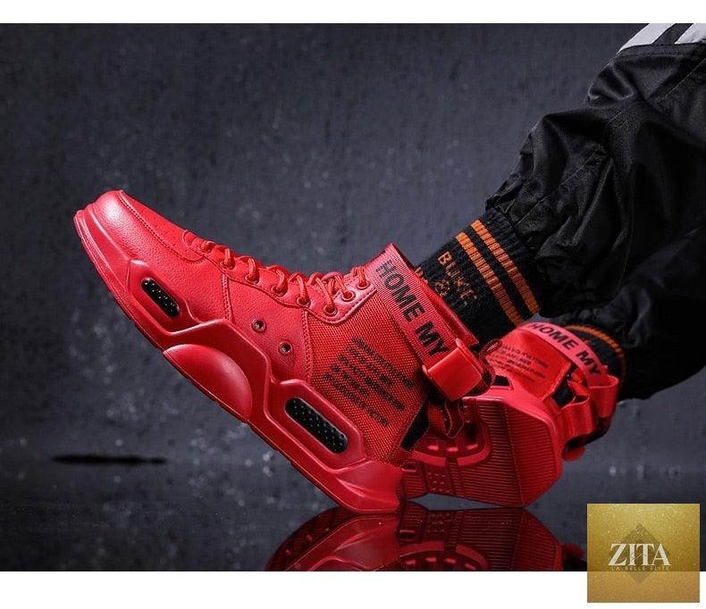 Stevvex red high-top sneakers for men, breathable lightweight basketball and running shoes with a trendy hip-hop style.