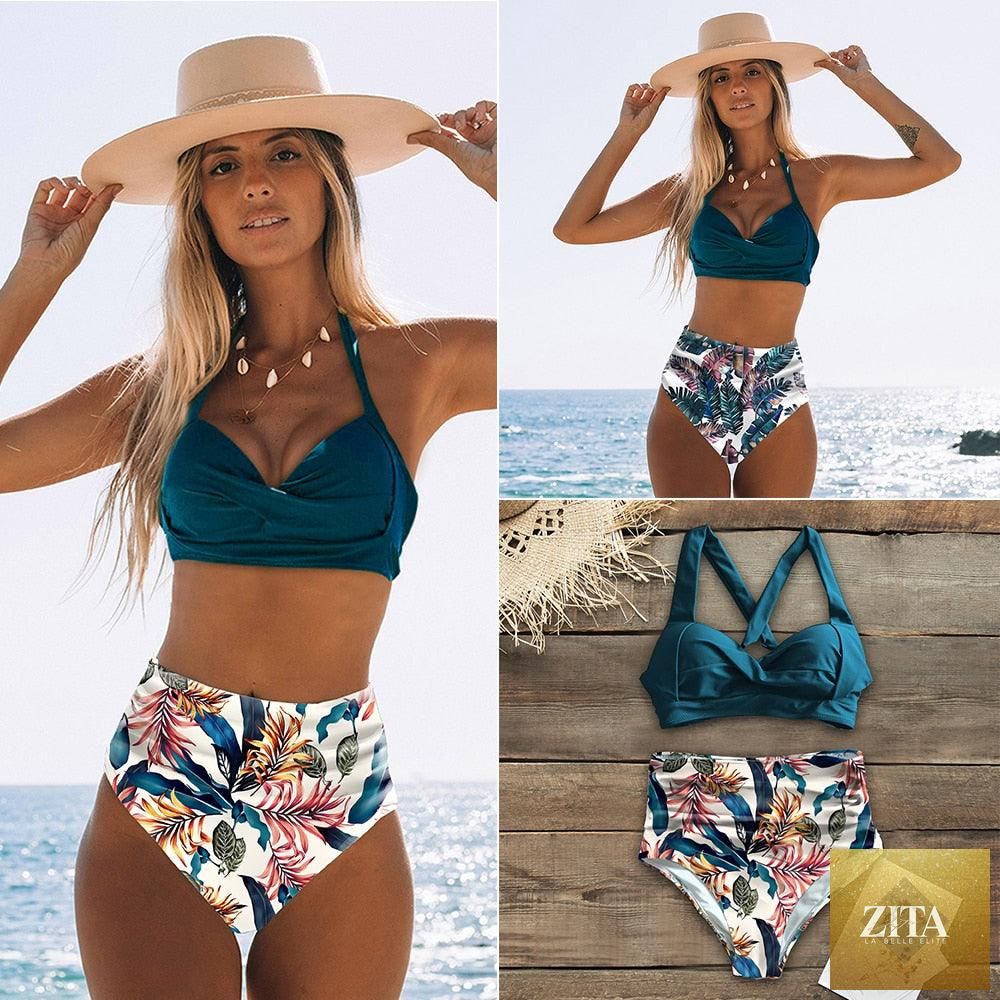 Stevvex high waist halter bikini set with printed two-piece swimwear, featuring a wrap design and matching bikini bottoms for women.