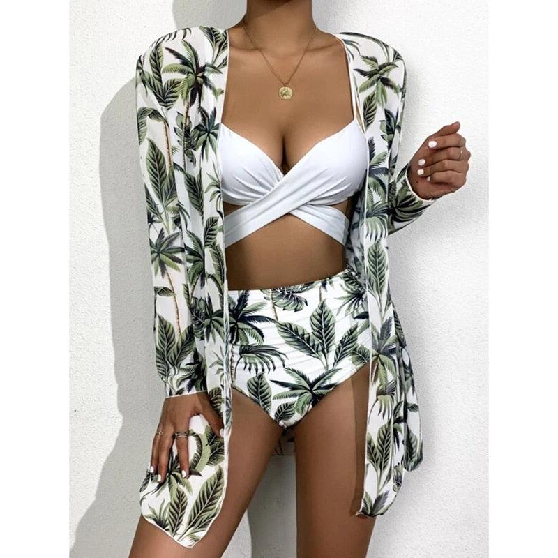 High-Waist Swimwear Set Summer Floral Print Bikini Swimsuit Beachwear Women Push-Up Bathing Suit Tie Dye 3 Pieces Strings High Cut Bikini Set Bathing Suits