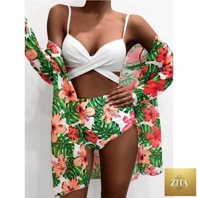 Stevvex high-waist floral print bikini set with push-up top, tie-dye design, high cut, and matching 3-piece beachwear for women.