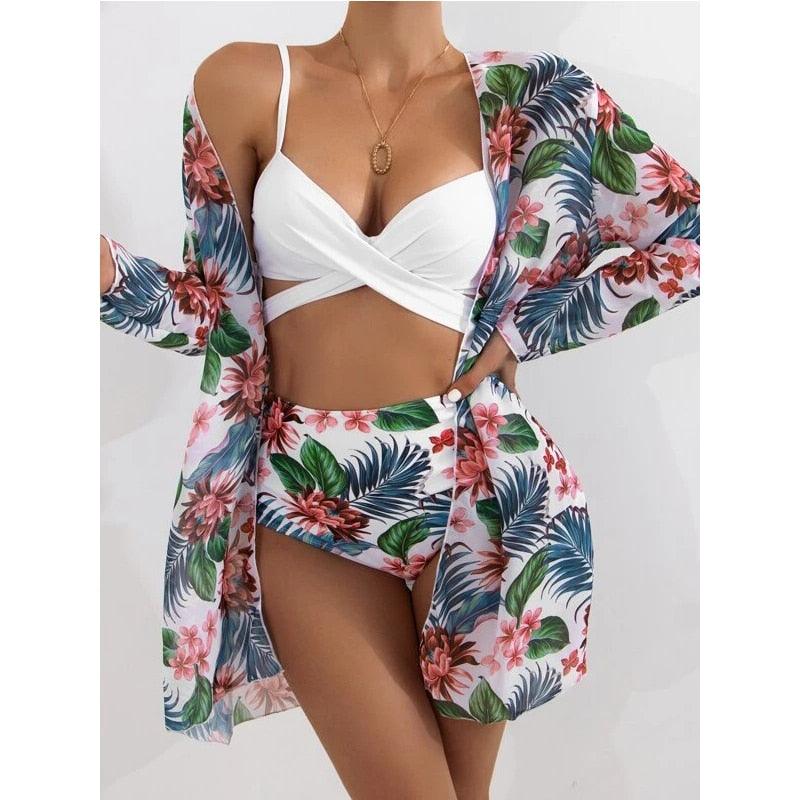 High-Waist Swimwear Set Summer Floral Print Bikini Swimsuit Beachwear Women Push-Up Bathing Suit Tie Dye 3 Pieces Strings High Cut Bikini Set Bathing Suits