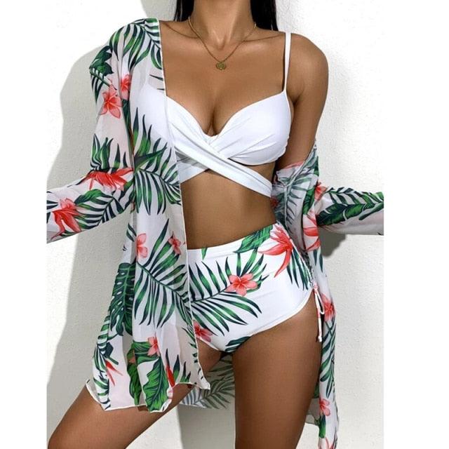 High-Waist Swimwear Set Summer Floral Print Bikini Swimsuit Beachwear Women Push-Up Bathing Suit Tie Dye 3 Pieces Strings High Cut Bikini Set Bathing Suits