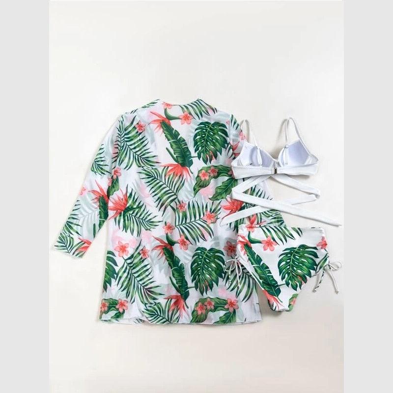 High-Waist Swimwear Set Summer Floral Print Bikini Swimsuit Beachwear Women Push-Up Bathing Suit Tie Dye 3 Pieces Strings High Cut Bikini Set Bathing Suits