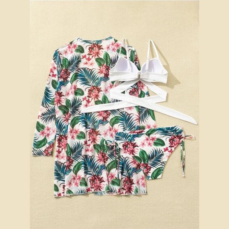 High-Waist Swimwear Set Summer Floral Print Bikini Swimsuit Beachwear Women Push-Up Bathing Suit Tie Dye 3 Pieces Strings High Cut Bikini Set Bathing Suits