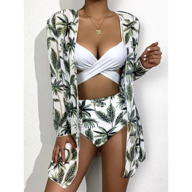 High-Waist Swimwear Set Summer Floral Print Bikini Swimsuit Beachwear Women Push-Up Bathing Suit Tie Dye 3 Pieces Strings High Cut Bikini Set Bathing Suits