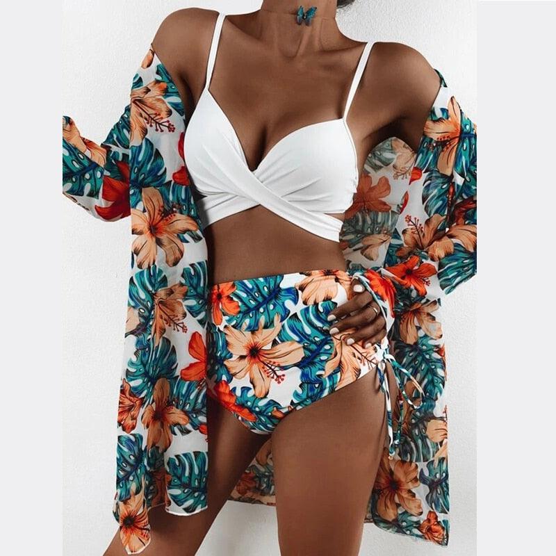 High-Waist Swimwear Set Summer Floral Print Bikini Swimsuit Beachwear Women Push-Up Bathing Suit Tie Dye 3 Pieces Strings High Cut Bikini Set Bathing Suits