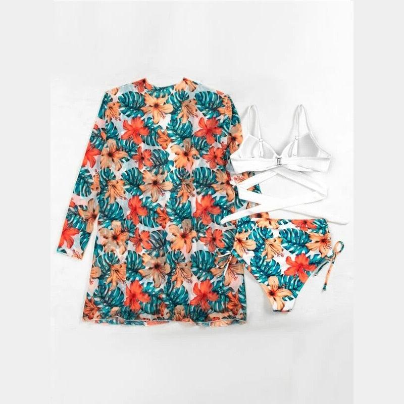High-Waist Swimwear Set Summer Floral Print Bikini Swimsuit Beachwear Women Push-Up Bathing Suit Tie Dye 3 Pieces Strings High Cut Bikini Set Bathing Suits