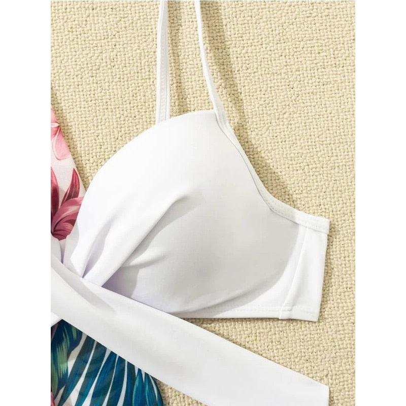 High-Waist Swimwear Set Summer Floral Print Bikini Swimsuit Beachwear Women Push-Up Bathing Suit Tie Dye 3 Pieces Strings High Cut Bikini Set Bathing Suits