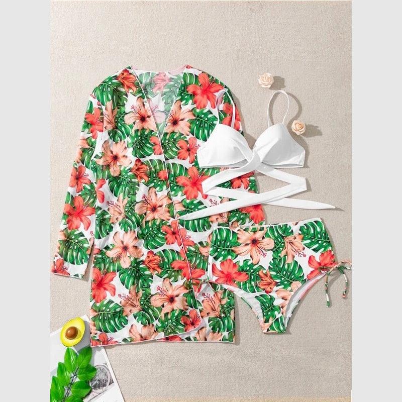 High-Waist Swimwear Set Summer Floral Print Bikini Swimsuit Beachwear Women Push-Up Bathing Suit Tie Dye 3 Pieces Strings High Cut Bikini Set Bathing Suits