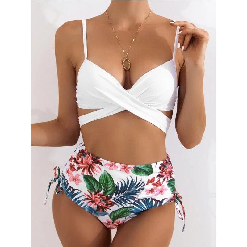 High-Waist Swimwear Set Summer Floral Print Bikini Swimsuit Beachwear Women Push-Up Bathing Suit Tie Dye 3 Pieces Strings High Cut Bikini Set Bathing Suits