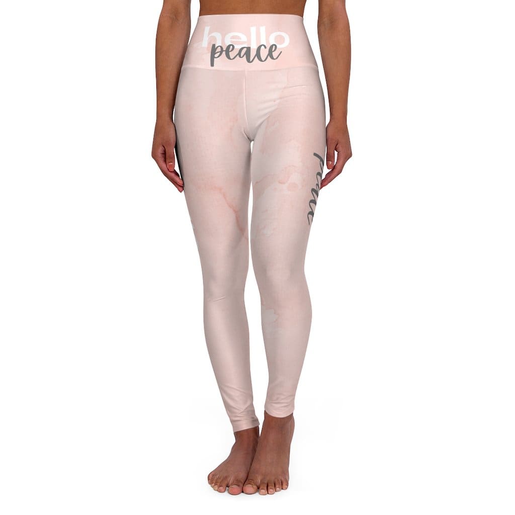 High Waisted Yoga Leggings - Peach Marble Hello Peace Graphic Style Grey Coco