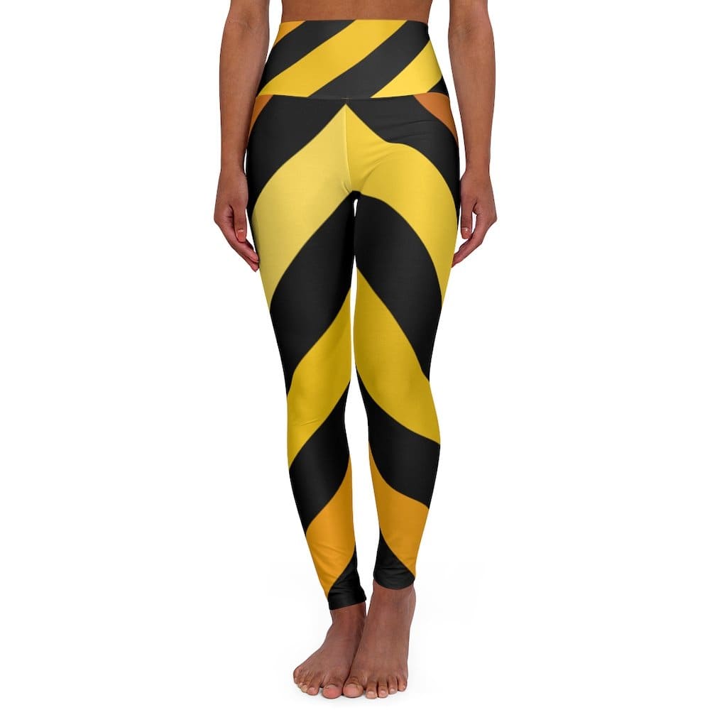 High Waisted Yoga Pants - Black and Yellow Herringbone Style Sports Grey Coco