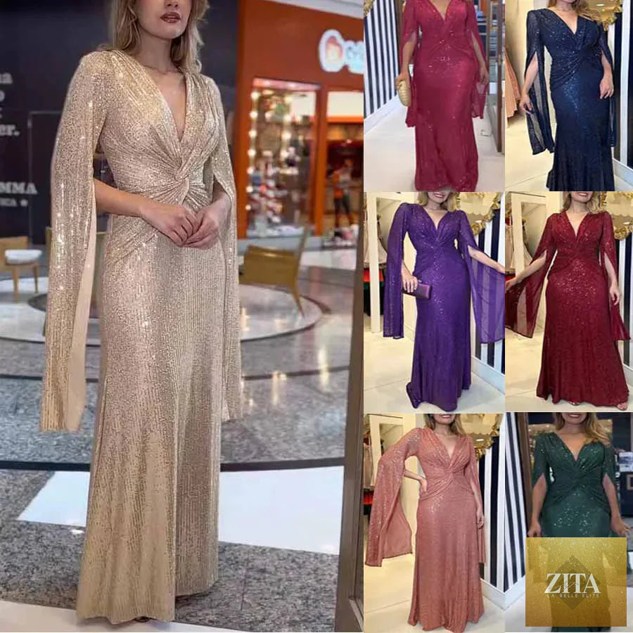 Sequin formal floor-length women's evening dress with a fitted bodice and flowing skirt, stylishly designed for special occasions.