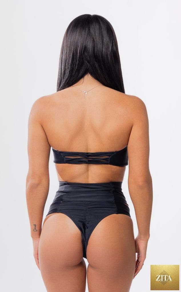 Black Hollywood high waist bikini bottom from Forever Young Swimwear, shown on a model with a smooth, high-rise fit and sleek style.