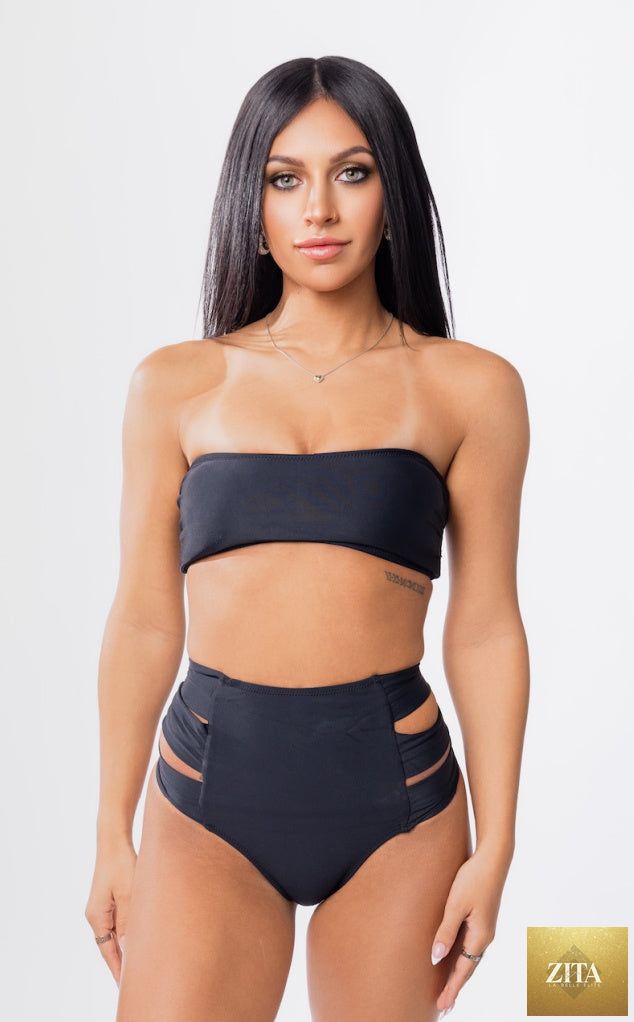 Black Hollywood high waist bikini bottom from Forever Young Swimwear, shown on a model with a smooth fit and stylish design.