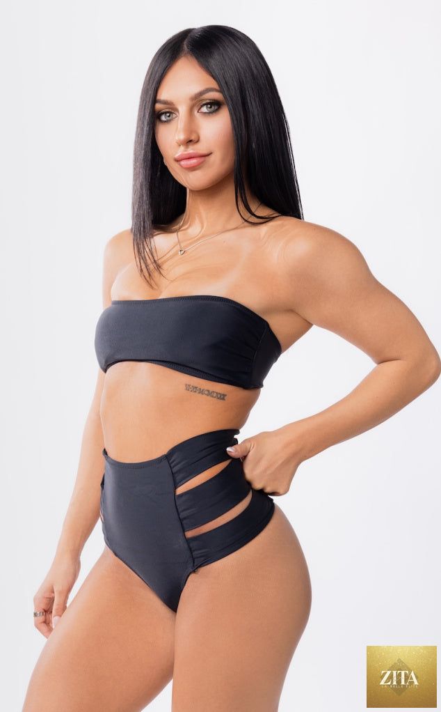 Black Hollywood high waist bikini bottom by Forever Young Swimwear, featuring a sleek, high-rise design for a stylish beach look.