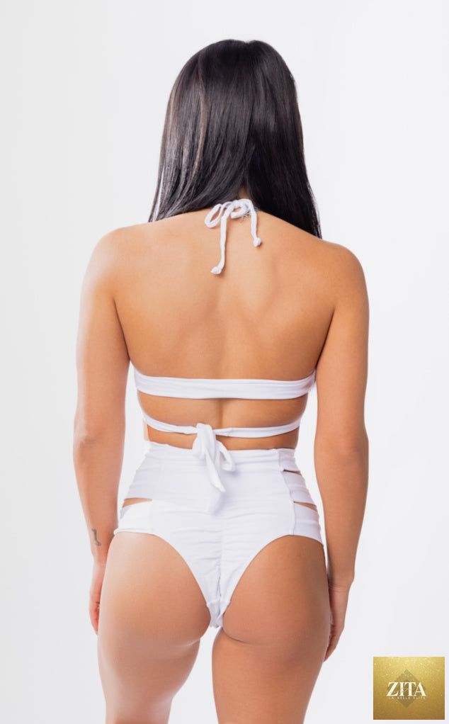 White Hollywood high waist bikini bottom from Forever Young Swimwear, featuring a sleek, fitted design and high-rise waist.
