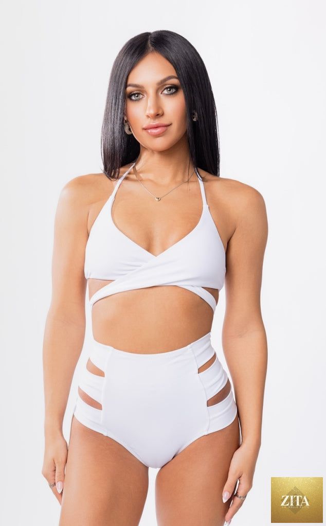 White Hollywood high waist bikini bottom from Forever Young Swimwear, featuring a stylish and flattering fit.