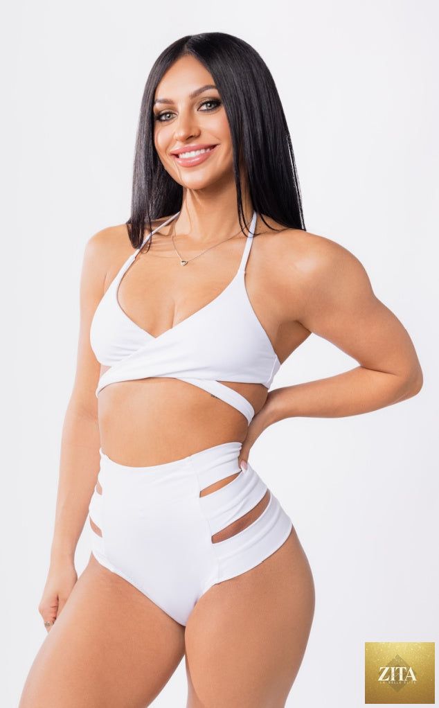 White Hollywood high waist bikini bottom by Forever Young Swimwear, shown with a smooth, fitted design and high-rise waist.
