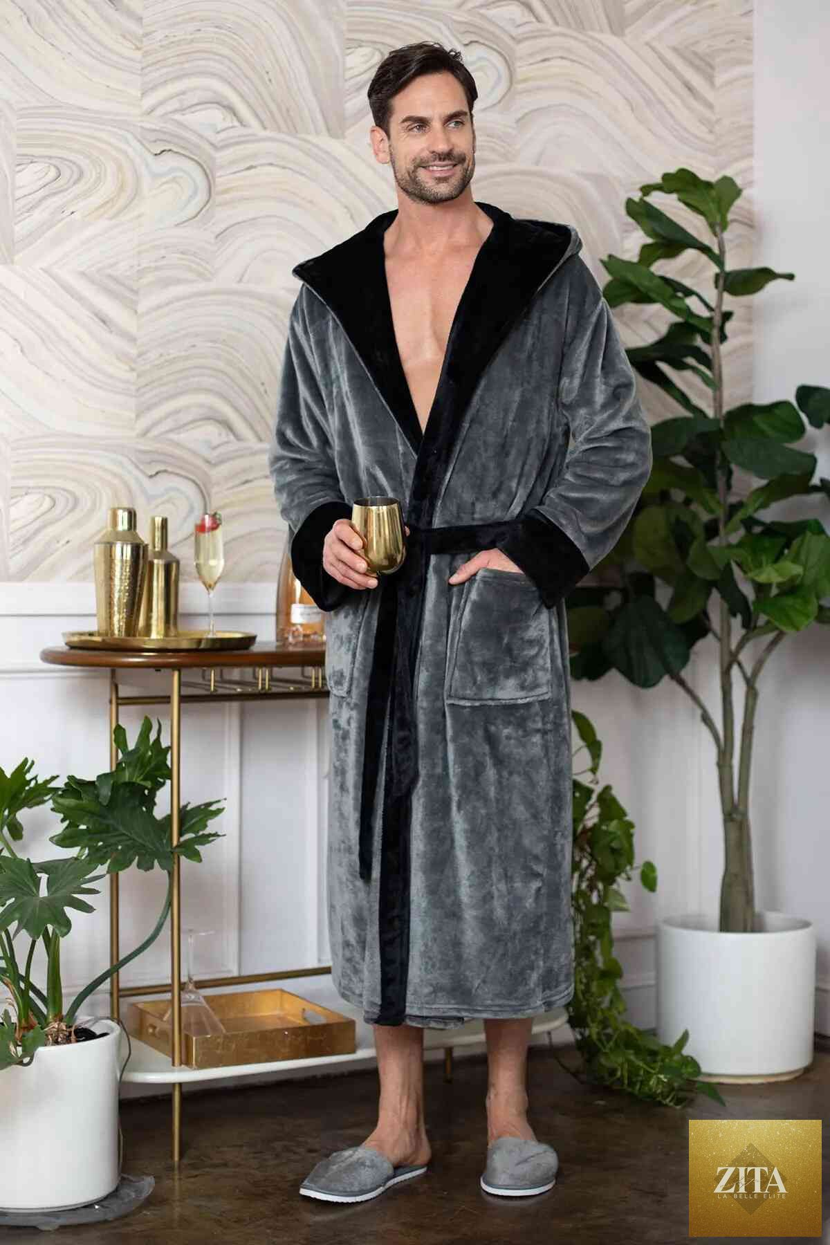 Lotus Linen men's hooded robe made of ultra-soft plush fabric, featuring a cozy hood for comfortable everyday wear.