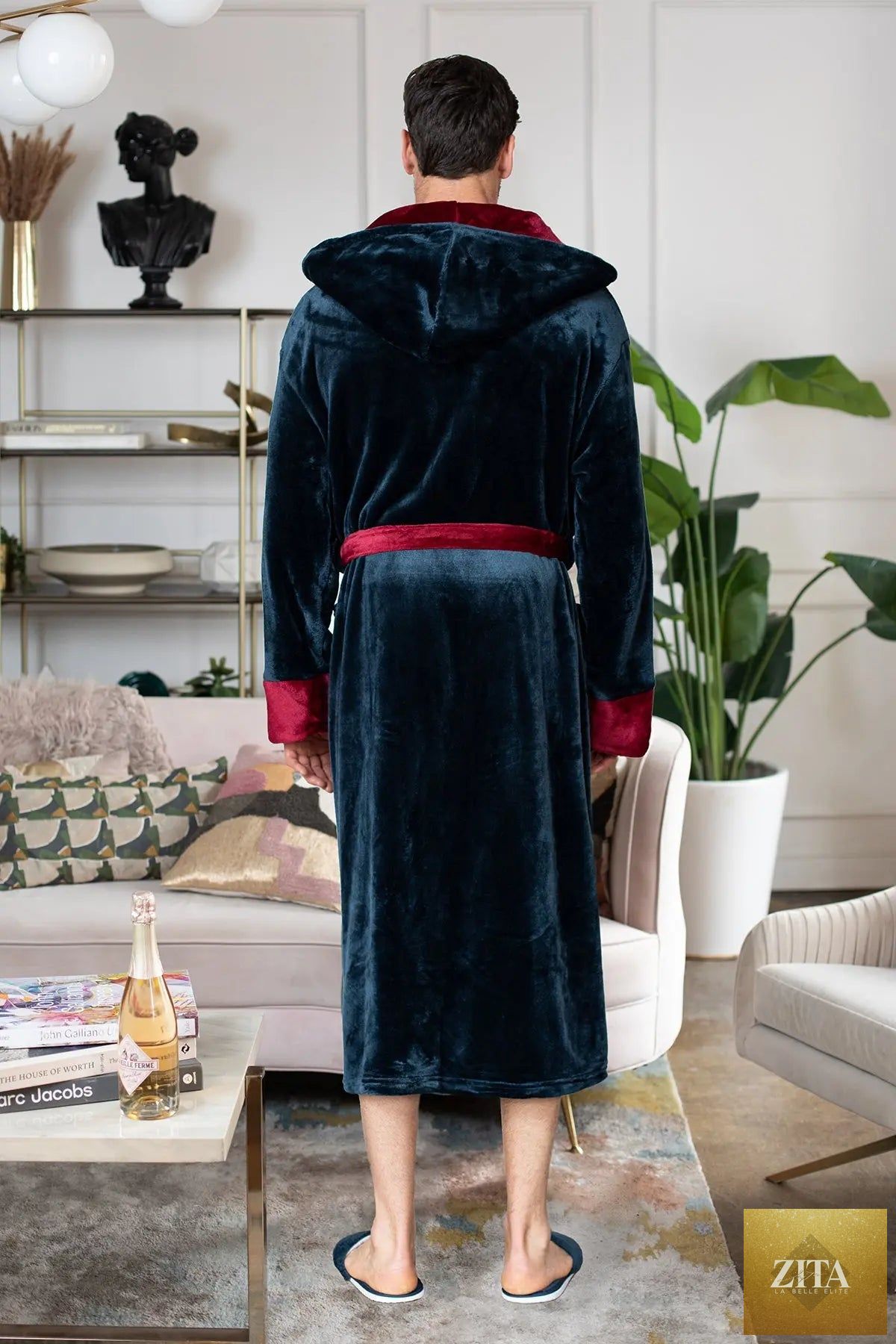 Lotus Linen men's hooded bathrobe made of ultra-soft plush fabric, featuring a cozy hood and comfortable fit for everyday wear.