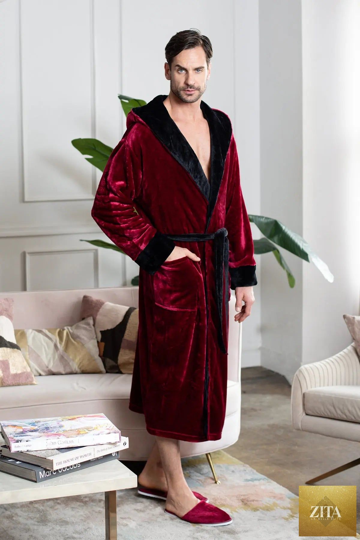 Men’s hooded robe by Lotus Linen, ultra-soft plush fabric, featuring a cozy hood for comfortable everyday wear.