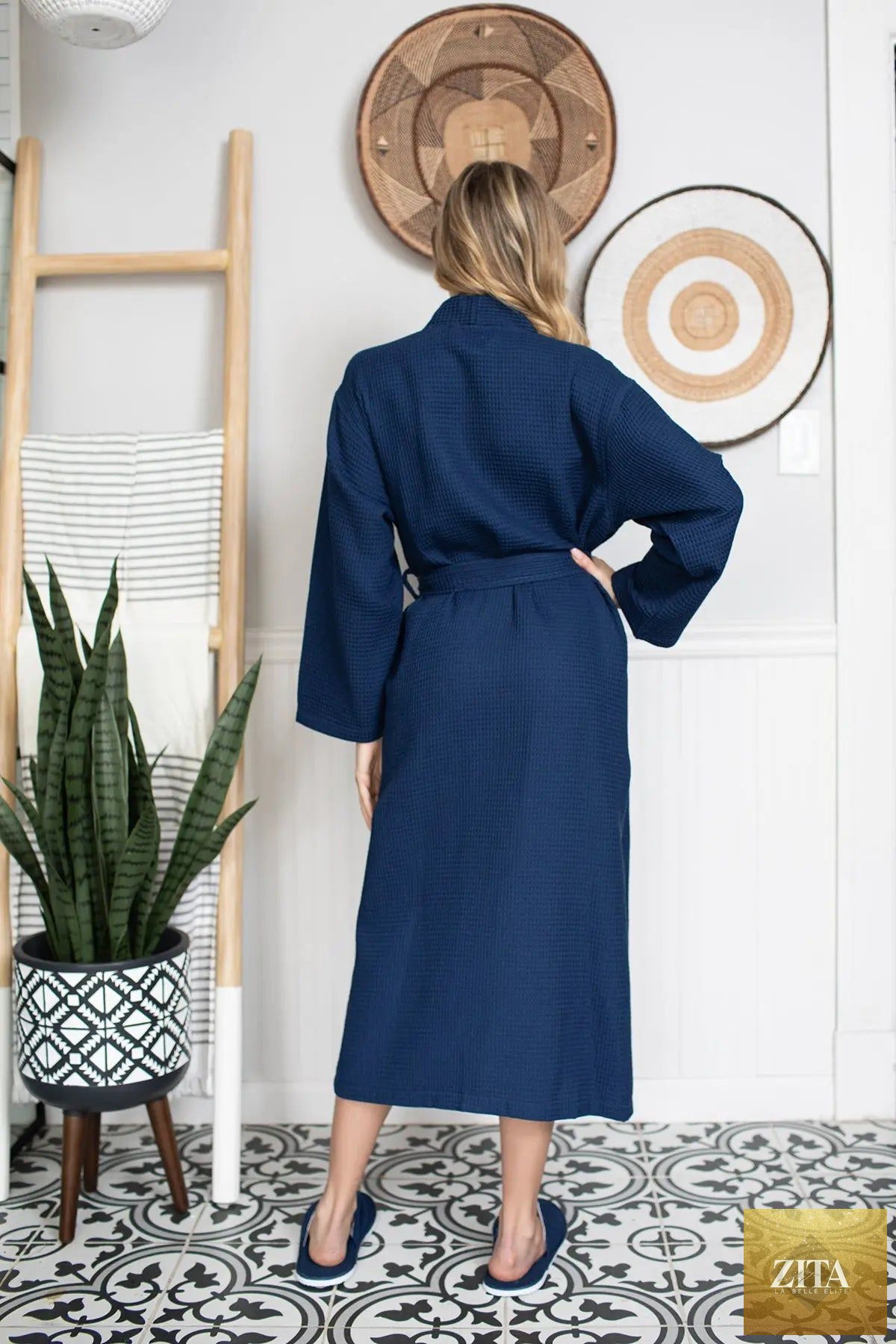 Lightweight women's waffle robe by Lotus Linen, quick-dry spa robe with comfortable fit, ideal for relaxing at home or hotel stays.