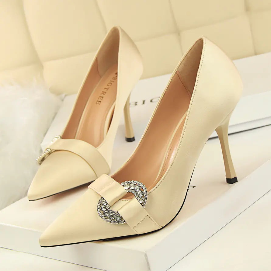 Women satin pointed toe high heel shoes with rhinestone buckle, elegant Trendy Attic Store01 footwear for formal occasions