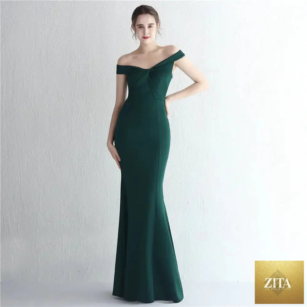 Slim-fit off-shoulder long evening dress for women by Zita La Belle Elite, featuring elegant design and fitted silhouette.