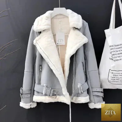 Women's Lamb Wool Jacket with thick suede leather, motorcycle style, by Zita La Belle Elite for winter warmth and chic fashion.