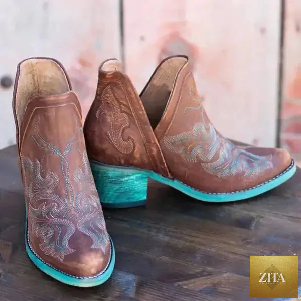 Embroidered women's ankle boots with thick high heels in large size, stylish and trendy footwear by Trendy Attic Store01.